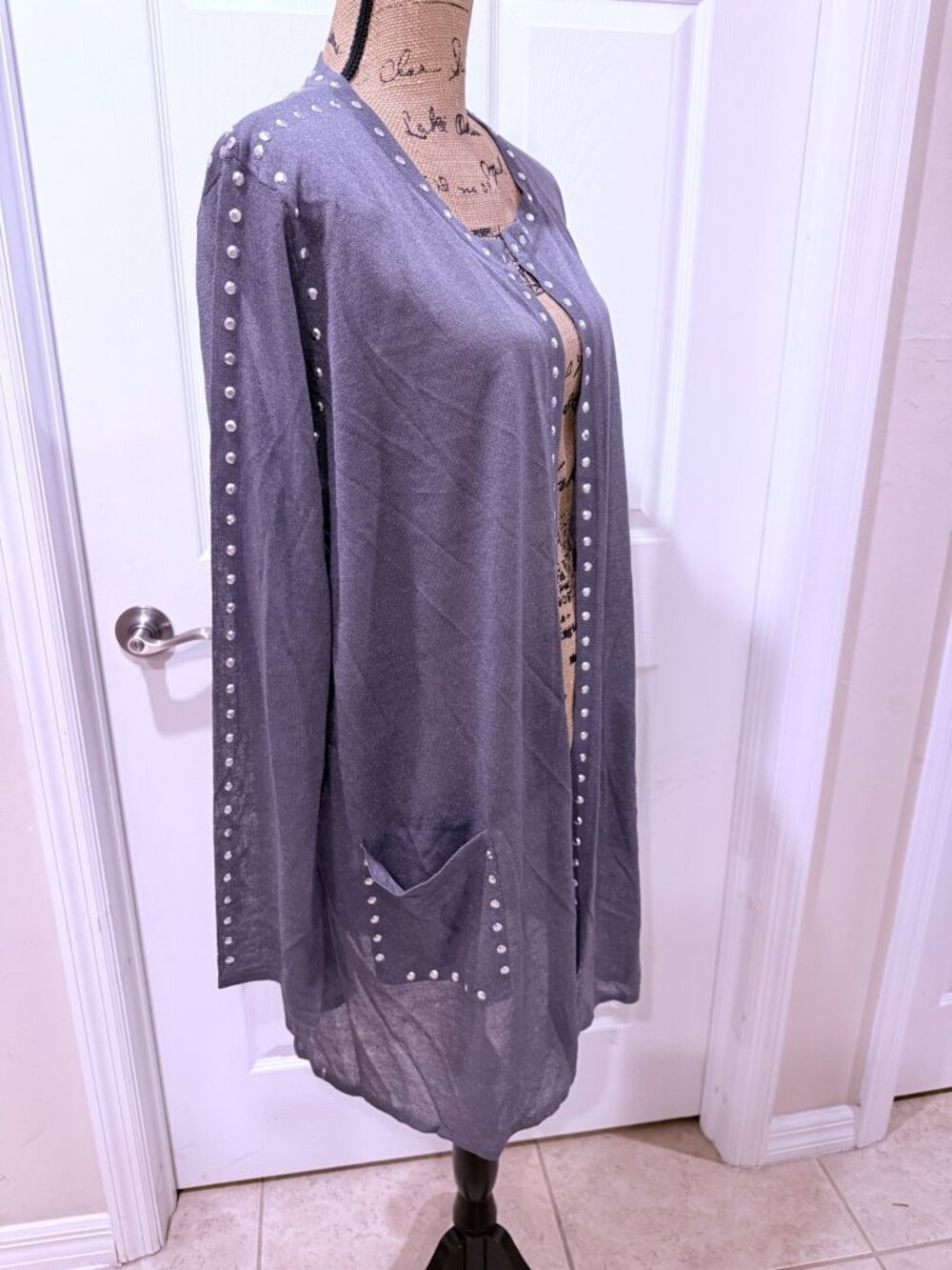 Belldini Gray Shimmer Studded Long Open Front Cardigan Pockets Women's Plus 2X